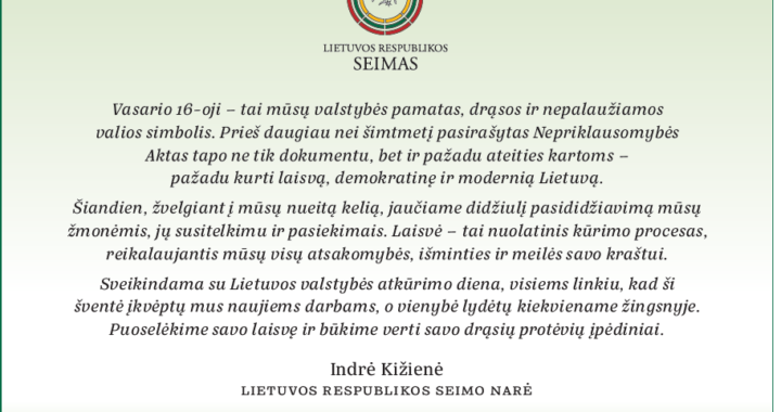 I. Kižienės sveikinimas Vasario 16-osios proga