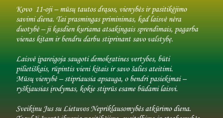 Indrės Kižienės sveikinimas Kovo 11-osios proga