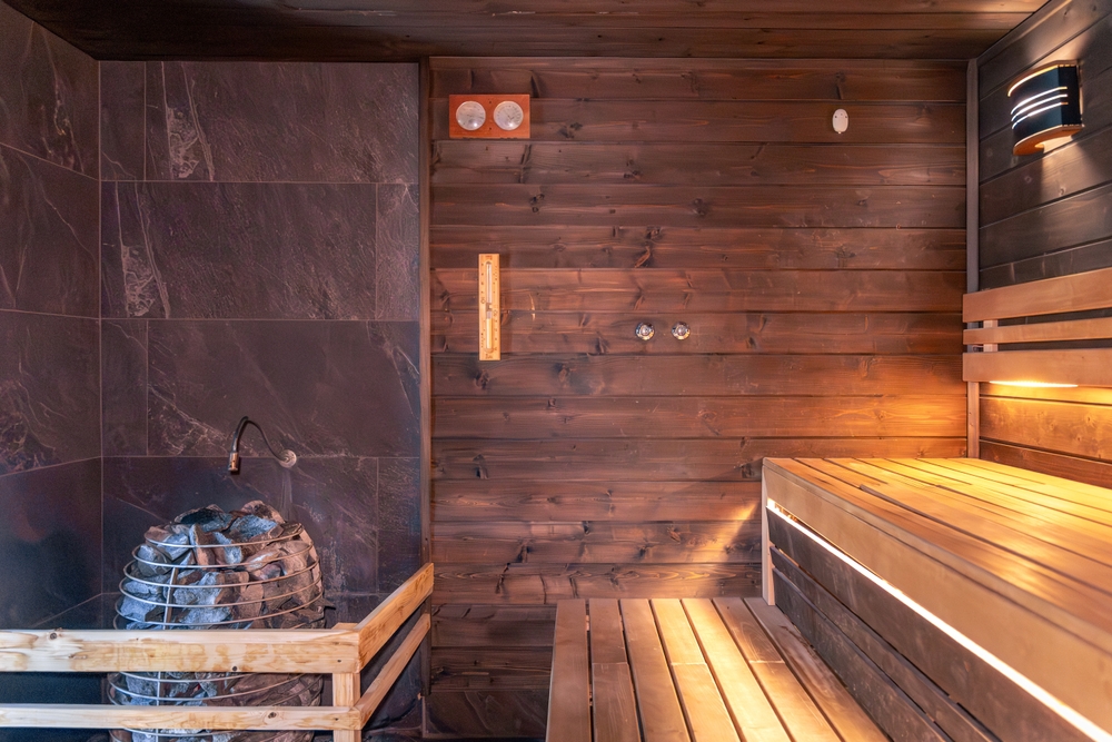 Sauna,With,Stones,And,Thermometer,,Warm,Benches,And,Light.,Nordic